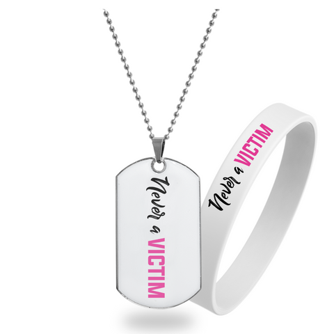 Never a Victim (Pink) - Pendant Necklace + Wristband Combo